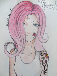 Size: 3000x4000 | Tagged: safe, artist:pinkshooter-chan, fluttershy, human, humanized, solo, tattoo, traditional art