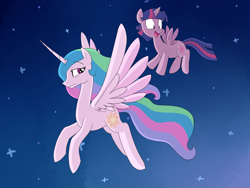 Size: 1024x768 | Tagged: safe, artist:pokekid963, princess celestia, twilight sparkle, twilight sparkle (alicorn), alicorn, pony, female, flying, mare