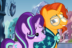 Size: 2368x1584 | Tagged: safe, artist:parisa07, starlight glimmer, sunburst, pony, crystal empire, female, glasses, happy, looking at each other, male, shipping, smiling, starburst, straight