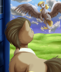 Size: 1024x1219 | Tagged: safe, artist:peachmayflower, derpy hooves, doctor whooves, earth pony, pegasus, pony, beautiful, cloud, doctor who, feather, female, fluffy, flying, grass, large wings, majestic, male, mare, sky, smiling, spread wings, stallion, tardis, wings