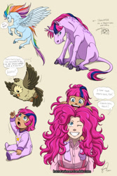 Size: 794x1190 | Tagged: safe, artist:hazurasinner, owlowiscious, pinkie pie, oc, oc:starchaser, oc:windy belle, classical unicorn, human, grin, humanized, leonine tail, magical lesbian spawn, messy mane, offspring, open mouth, parent:fluttershy, parent:pinkie pie, parent:rainbow dash, parent:twilight sparkle, parents:flutterdash, parents:twinkie, sitting, smiling, spread wings, wink