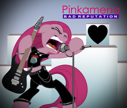 Size: 1440x1224 | Tagged: safe, artist:thegreenmachine987, pinkie pie, tom, earth pony, pony, album cover, belt, bipedal, chains, clothes, electric guitar, guitar, heart, joan jett, microphone, pants, parody, pinkamena diane pie, solo