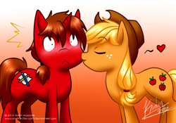 Size: 1000x700 | Tagged: safe, artist:hinata-teh-lefty, applejack, oc, earth pony, pony, canon x oc, female, mare