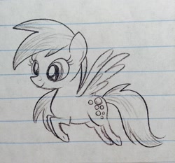 Size: 1868x1740 | Tagged: safe, artist:zigragirl, derpy hooves, pegasus, pony, cute, derpabetes, female, flying, lined paper, mare, smiling, solo, spread wings, traditional art, underhoof, wings