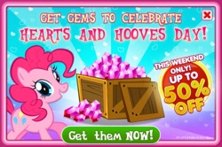 Size: 838x556 | Tagged: safe, pinkie pie, earth pony, pony, crate, gameloft, gem, hearts and hooves day, promotion, solo