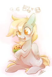 Size: 567x839 | Tagged: safe, artist:sibashen, derpy hooves, pegasus, pony, cute, derpabetes, female, folded wings, food, heart, hoof hold, mare, muffin, open mouth, sitting, smiling, solo, tongue out