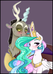 Size: 1010x1410 | Tagged: safe, artist:chocolateponi, discord, princess celestia, alicorn, pony, dislestia, female, male, shipping, straight