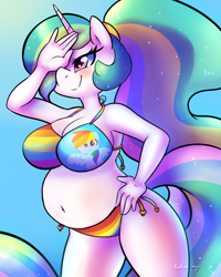 Size: 1500x1875 | Tagged: safe, artist:talim_stuff, edit, princess celestia, rainbow dash, alicorn, anthro, pegasus, pony, alternate hairstyle, anthro with ponies, belly, belly button, big belly, bikini, blushing, breasts, clothes, commission, female, hair over one eye, hand on hip, implied rainbow dash, mare, ponytail, preglestia, pregnant, pregnant edit, princess breastia, rainbow bikini, rainbow dash bikini, rainbow swimsuit, rainbow underwear, smiling, solo, striped bikini, striped swimsuit, swimsuit, underwear, wingless, wingless alicorn, wingless anthro