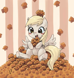 Size: 1000x1055 | Tagged: safe, artist:yanamosuda, derpy hooves, pony, cute, derpabetes, female, food, hnnng, mare, muffin, open mouth, smiling, solo, that pony sure does love muffins, weapons-grade cute
