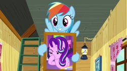 Size: 800x450 | Tagged: safe, edit, edited screencap, screencap, rainbow dash, starlight glimmer, pegasus, pony, no second prances, the washouts (episode), boop, clubhouse, crusaders clubhouse, exploitable meme, glimmerposting, ladder, lantern, meme, rainbow dash's poster, self-boop, smiling, window