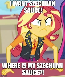 Size: 500x593 | Tagged: safe, edit, edited screencap, screencap, sunset shimmer, better together, equestria girls, rollercoaster of friendship, cropped, do i look angry, pickle reeee, rick and morty, rick sanchez, szechuan sauce