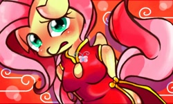 Size: 512x308 | Tagged: safe, artist:miki 14, fluttershy, anthro, blushing, cheongsam, clothes