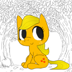 Size: 600x600 | Tagged: safe, artist:lovemintchoco, applejack, earth pony, pony, sitting, solo, younger