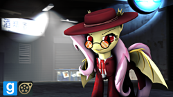 Size: 1920x1080 | Tagged: safe, artist:whiteskypony, fluttershy, 3d, alucard, alushy, clothes, crossover, flutterbat, glasses, hat, hellsing, solo, source filmmaker