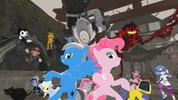 Size: 1366x768 | Tagged: safe, artist:raventheghost, derpy hooves, dj pon-3, pinkie pie, rarity, vinyl scratch, oc, oc:raven blake, alicorn, equestria girls, 3d, bendy, bendy and the ink machine, brutalight sparcake, crossover, drowned brutalight, elements of insanity, five nights at freddy's, glados, gmod, luigi, mario, nintendo, pinkamena diane pie, portal, portal (valve), super mario bros., super smash bros.