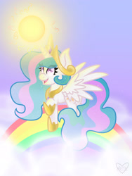 Size: 2448x3264 | Tagged: safe, artist:snowdeer97, princess celestia, alicorn, pony, cloud, cloudy, cute, cutelestia, flying, happy, rainbow, smiling, solo, sun