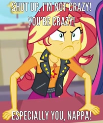 Size: 862x1024 | Tagged: safe, edit, edited screencap, screencap, sunset shimmer, better together, equestria girls, rollercoaster of friendship, angry, caption, clothes, cropped, do i look angry, dragonball z abridged, geode of empathy, implied nappa, jacket, meme