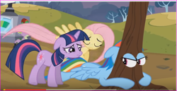 Size: 708x366 | Tagged: safe, derpibooru import, screencap, fluttershy, rainbow dash, spike, twilight sparkle, unicorn twilight, dragon, pegasus, pony, unicorn, hurricane fluttershy, eye scream, female, machine, mare, tree