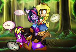 Size: 1400x952 | Tagged: safe, artist:rosesx, artist:sonadowroxmyworld, applejack, twilight sparkle, anthro, crossover, equestria girls outfit, nicole, ponified, sonic the hedgehog (series), sonicified, species swap, wave the swallow