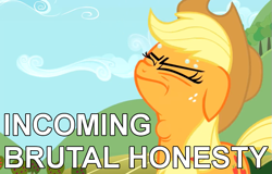 Size: 701x448 | Tagged: safe, applejack, earth pony, pony, brutal honesty, honesty, reaction image, solo, swallowing