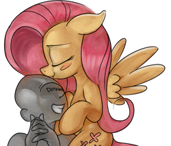 Size: 983x838 | Tagged: safe, fluttershy, oc, oc:anon, human, blushing, kissing