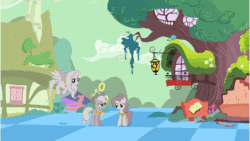 Size: 960x540 | Tagged: safe, edit, screencap, applejack, fluttershy, pinkie pie, tom, earth pony, pegasus, pony, the return of harmony, animated, discorded landscape, element of honesty, element of kindness, element of laughter, female, golden oaks library, green sky, library, mare, pinkie sense, trio, twitchy tail