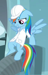 Size: 544x849 | Tagged: safe, derpibooru import, screencap, rainbow dash, pegasus, pony, tanks for the memories, clothes, context is for the weak, cropped, female, hard hat, hat, lab coat, mare, pipes, solo, weather factory uniform