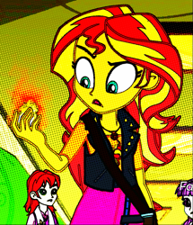 Size: 859x1000 | Tagged: safe, edit, edited screencap, screencap, nolan north, sunset shimmer, better together, equestria girls, forgotten friendship, cropped, deep fried, discovery family logo, fiery shimmer, fire, sunset holding things