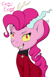 Size: 429x609 | Tagged: safe, artist:krucification, discord, pinkie pie, earth pony, hybrid, pony, bust, crossover, portrait, pun, q, star trek