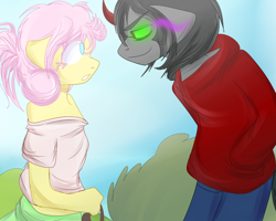 Size: 1280x1024 | Tagged: safe, artist:thesombrashyshady, fluttershy, king sombra, anthro, unicorn, clothes, female, looking at each other, male, pink hair, sombra eyes