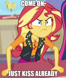 Size: 500x592 | Tagged: safe, sunset shimmer, better together, equestria girls, rollercoaster of friendship, angry, image macro, implied lesbian, implied rarijack, implied shipping, meme, shipper on deck, sunset shipper