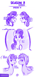 Size: 643x1412 | Tagged: safe, artist:jcosneverexisted, derpibooru import, dusk shine, rainbow blitz, rainbow dash, rarity, starlight glimmer, twilight sparkle, twilight sparkle (alicorn), alicorn, pegasus, pony, unicorn, the end in friend, comic, cute, dialogue, female, male, mare, mlp:fim doodles, monochrome, patreon, raribetes, rule 63, season 8 doodles, simple background, sketch, stallion, white background