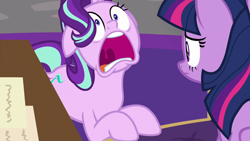 Size: 1280x720 | Tagged: safe, screencap, starlight glimmer, twilight sparkle, twilight sparkle (alicorn), alicorn, pony, unicorn, the beginning of the end, concerned, desk, duo, female, floppy ears, frown, mare, open mouth, panic, reformed starlight, twilight's office, uvula, wide eyes