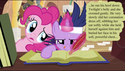 Size: 992x563 | Tagged: safe, derpibooru import, screencap, pinkie pie, twilight sparkle, earth pony, pony, it's about time, clopfic, fanfic, future twilight, out of context, writing