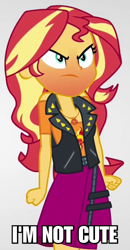 Size: 1080x2080 | Tagged: safe, edit, edited screencap, screencap, sunset shimmer, better together, equestria girls, rollercoaster of friendship, angry, blatant lies, cropped, cute, i'm not cute, image macro, meme, red face, shimmerbetes, simple background, solo, white background