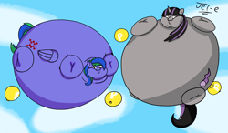 Size: 4138x2416 | Tagged: safe, artist:jel-e, oc, oc only, oc:felicity stars, oc:magna-save, pegasus, pony, unicorn, balloon, belly, big belly, duo, duo female, female, floating, inflation, magslicity, mare, p-balloon, round, sky