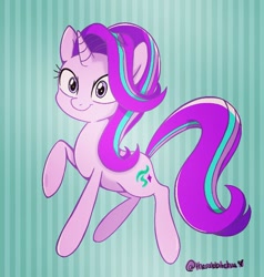 Size: 646x678 | Tagged: safe, artist:therabbitchu, starlight glimmer, pony, unicorn, abstract background, cute, glimmerbetes, looking at you, raised hoof, reformed starlight, solo