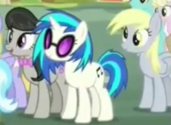 Size: 507x372 | Tagged: safe, screencap, derpy hooves, dj pon-3, octavia melody, vinyl scratch, earth pony, pony, it isn't the mane thing about you, cropped