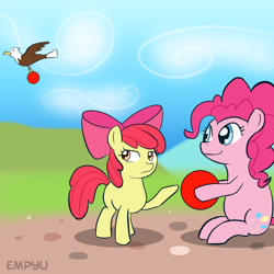 Size: 1200x1200 | Tagged: safe, artist:empyu, apple bloom, pinkie pie, bald eagle, eagle, earth pony, pony, ball, ball emergency, that friggen eagle