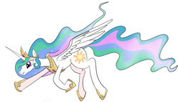 Size: 6994x4025 | Tagged: safe, artist:ryouga1100, princess celestia, alicorn, pony, absurd resolution, flying, simple background, smiling, solo, white background