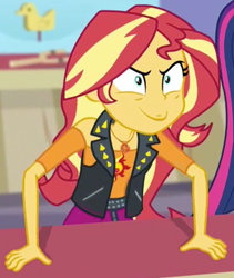 Size: 916x1087 | Tagged: safe, edit, edited screencap, screencap, sci-twi, sunset shimmer, twilight sparkle, better together, equestria girls, rollercoaster of friendship, >:), cropped, evil grin, geode of empathy, inverted mouth, scary face, smiling, solo focus, want