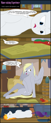 Size: 4353x10361 | Tagged: safe, artist:toxic-mario, derpy hooves, rarity, hybrid, pegasus, pony, unicorn, comic:toxic-mario's derpfire shipwreck, it isn't the mane thing about you, absurd resolution, back, barrel, book, cabinet, comic, comments locked on derpi, cookbook, cooking, cutie mark, drama, duckery in the comments, female, flour bag, food, giant pony, grill, hairstyle, lying down, mane of fire, mare, new style, on side, pot, sitting, tomato