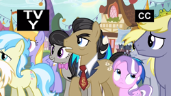 Size: 1366x768 | Tagged: safe, screencap, cloud kicker, cultivar, derpy hooves, diamond tiara, dj pon-3, filthy rich, octavia melody, vinyl scratch, earth pony, pony, it isn't the mane thing about you, $, stormfeather, tv-y