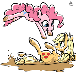 Size: 1200x1200 | Tagged: safe, artist:rwl, applejack, pinkie pie, earth pony, pony, applepie, female, fun, heart eyes, lesbian, mud, shipping, starry eyes, wingding eyes