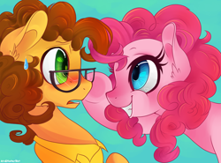 Size: 1764x1306 | Tagged: safe, artist:featherblot, cheese sandwich, pinkie pie, earth pony, pony, blushing, cheesepie, eye contact, female, glasses, looking at each other, male, nervous, shipping, smiling, straight, sweatdrop