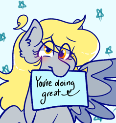 Size: 1170x1233 | Tagged: safe, artist:inspirationalponies, derpy hooves, pegasus, pony, alternate hairstyle, blushing, ear fluff, female, inspiration, mare, motivational, mouth hold, positive ponies, solo, spread wings, wings