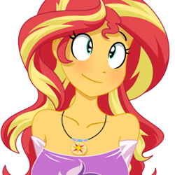 Size: 500x500 | Tagged: dead source, safe, artist:reiduran, color edit, edit, sunset shimmer, equestria girls, blushing, breasts, bust, colored, cute, female, jewelry, necklace, pendant, shimmerbetes, shoulderless, simple background, solo, strapless, white background