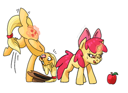 Size: 704x512 | Tagged: safe, artist:idrawweeklypony, apple bloom, applejack, pony, unicorn, apple, magic, race swap