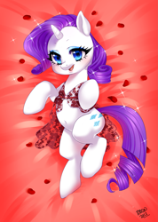 Size: 2677x3750 | Tagged: dead source, safe, artist:bjorn-bi, rarity, pony, unicorn, bed, belly button, clothes, cute, looking at you, on back, raribetes, rose petals, see-through, solo, sparkles