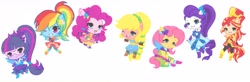 Size: 3888x1272 | Tagged: safe, artist:ocean-drop, derpibooru import, applejack, fluttershy, pinkie pie, rainbow dash, rarity, sci-twi, sunset shimmer, twilight sparkle, equestria girls, legend of everfree, chibi, clothes, crystal guardian, female, humane five, humane seven, humane six, one eye closed, ponied up, scitwilicorn, simple background, white background, wink